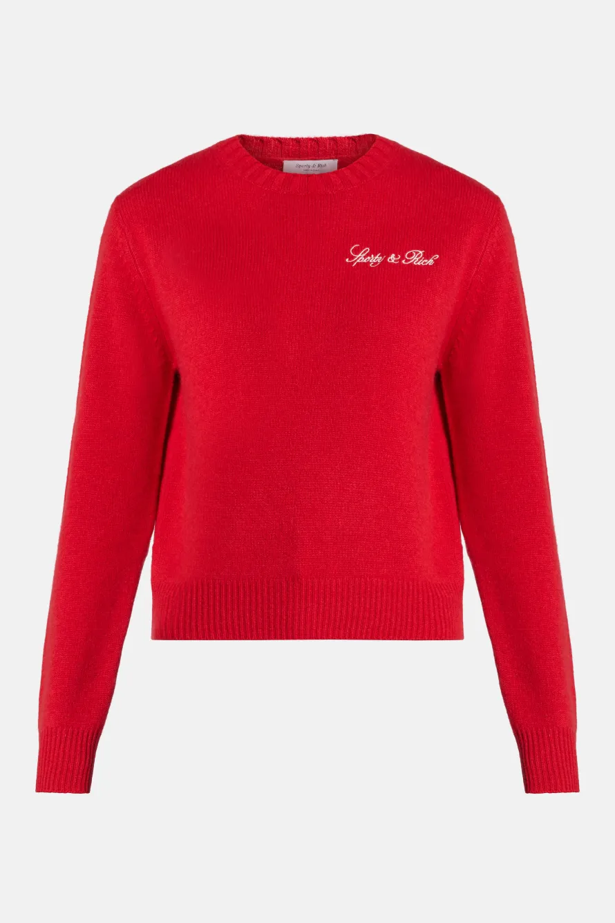 Vendome Script Logo Cashmere Crewneck Sweatshirt in Red