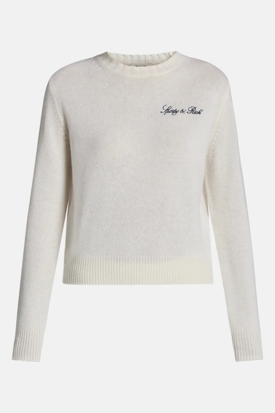 Vendome Script Logo Cashmere Crewneck Sweatshirt in White