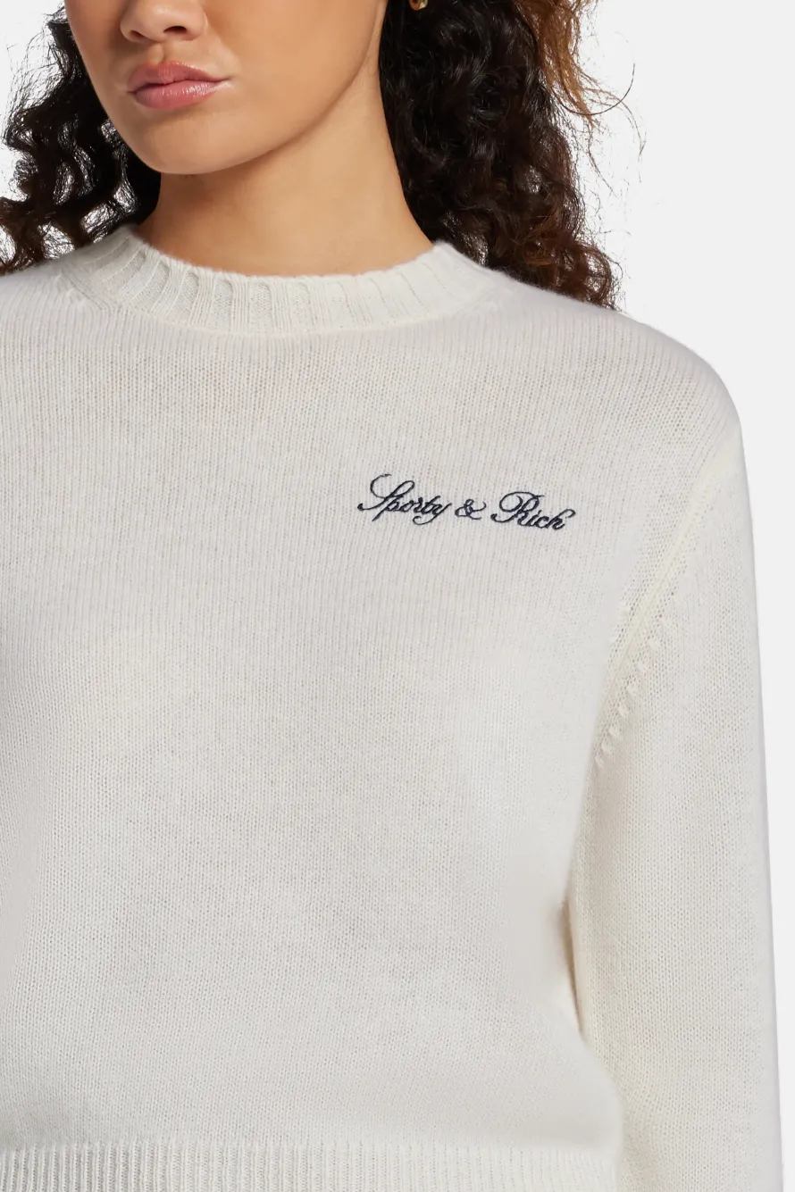 Vendome Script Logo Cashmere Crewneck Sweatshirt in White