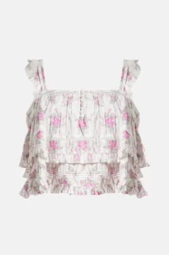 Viola Field Victorian Novalee Sleeveless Floral Cotton Top in White/ Pink