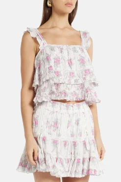 Viola Field Victorian Novalee Sleeveless Floral Cotton Top in White/ Pink