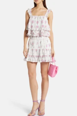 Viola Field Victorian Novalee Sleeveless Floral Cotton Top in White/ Pink