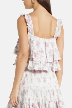 Viola Field Victorian Novalee Sleeveless Floral Cotton Top in White/ Pink