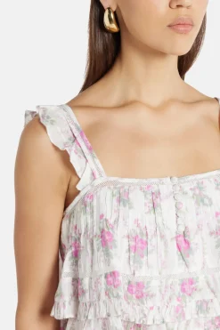 Viola Field Victorian Novalee Sleeveless Floral Cotton Top in White/ Pink