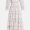 Viola Field Victorian Rigby Floral Cotton Midi Dress in White/ Pink
