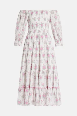 Viola Field Victorian Rigby Floral Cotton Midi Dress in White/ Pink