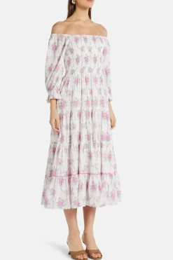 Viola Field Victorian Rigby Floral Cotton Midi Dress in White/ Pink