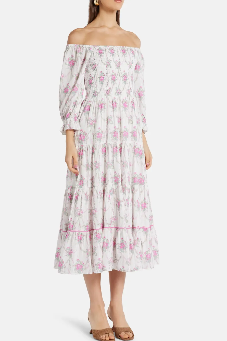 Viola Field Victorian Rigby Floral Cotton Midi Dress in White/ Pink