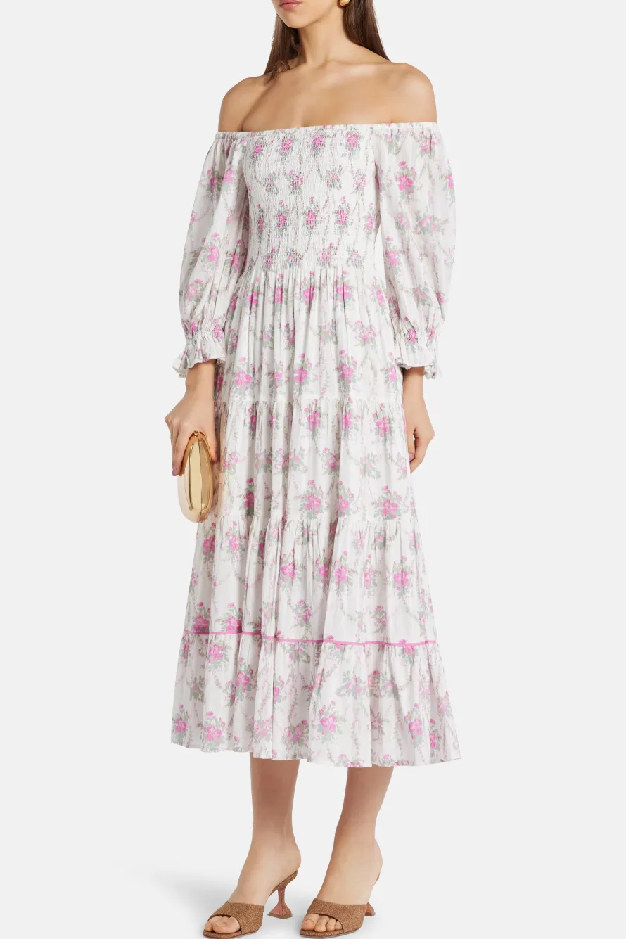 Viola Field Victorian Rigby Floral Cotton Midi Dress in White/ Pink
