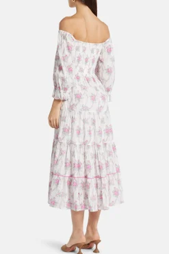 Viola Field Victorian Rigby Floral Cotton Midi Dress in White/ Pink