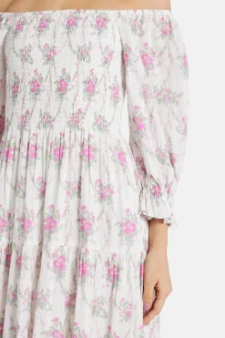Viola Field Victorian Rigby Floral Cotton Midi Dress in White/ Pink