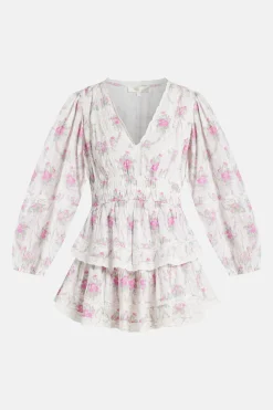 Viola Field Victorian Rosamina Floral Cotton Mini Dress in White/ Pink
