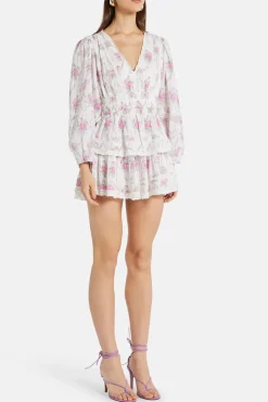 Viola Field Victorian Rosamina Floral Cotton Mini Dress in White/ Pink