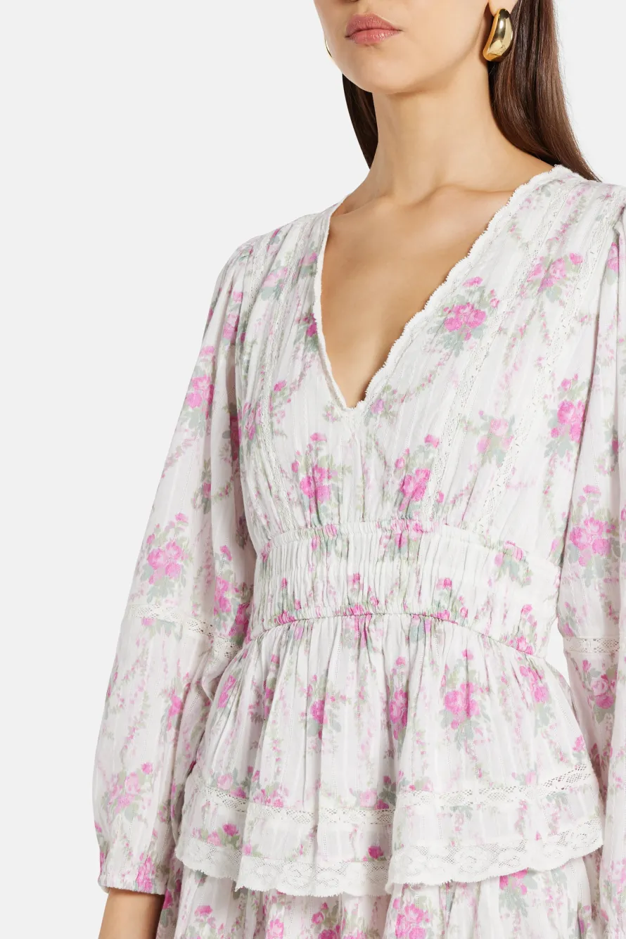 Viola Field Victorian Rosamina Floral Cotton Mini Dress in White/ Pink