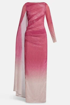 Voile One Shoulder Cape Evening Gown in Pink