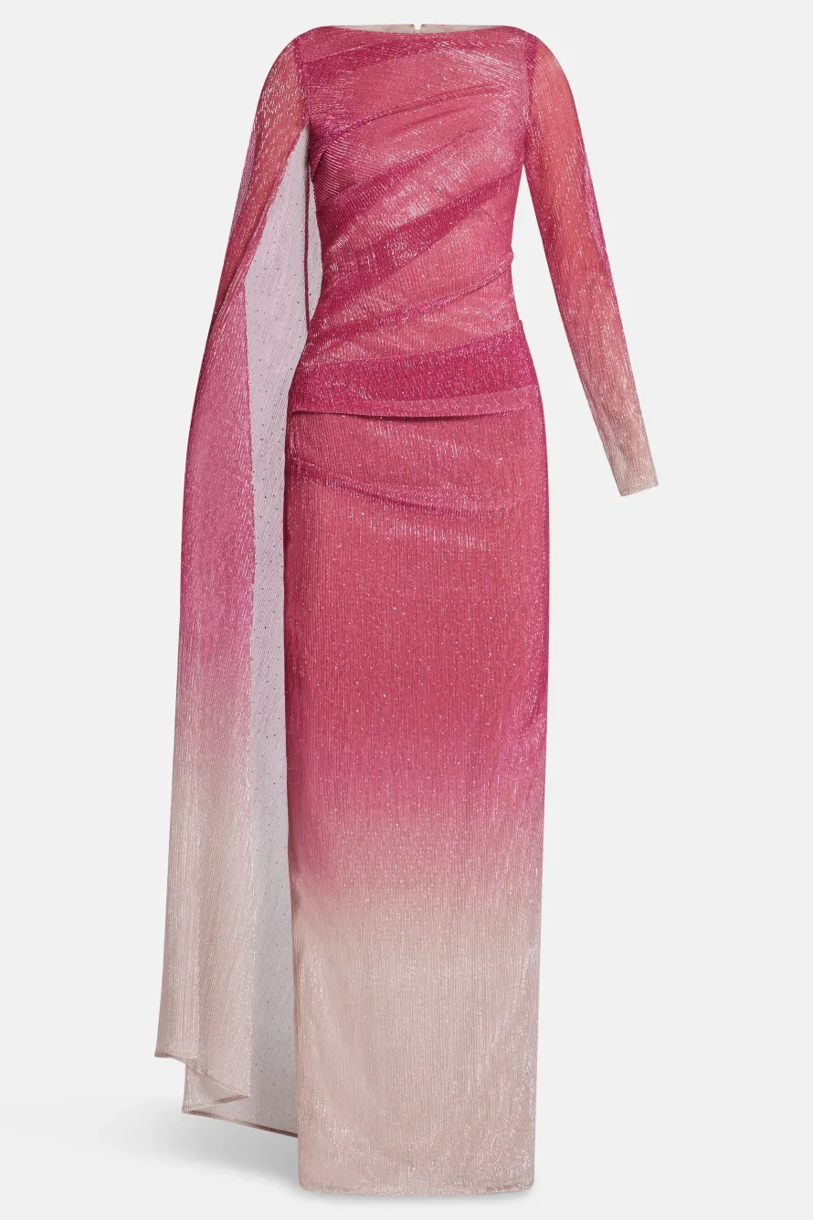 Voile One Shoulder Cape Evening Gown in Pink