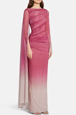 Voile One Shoulder Cape Evening Gown in Pink
