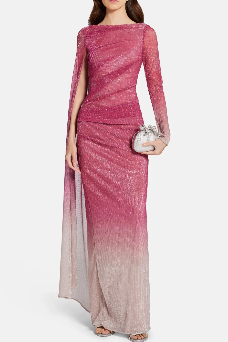 Voile One Shoulder Cape Evening Gown in Pink