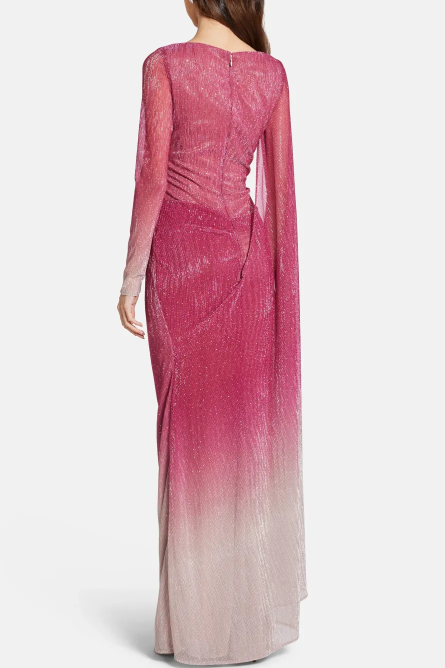 Voile One Shoulder Cape Evening Gown in Pink