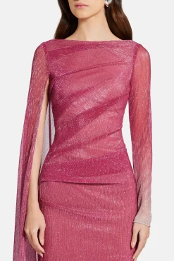 Voile One Shoulder Cape Evening Gown in Pink