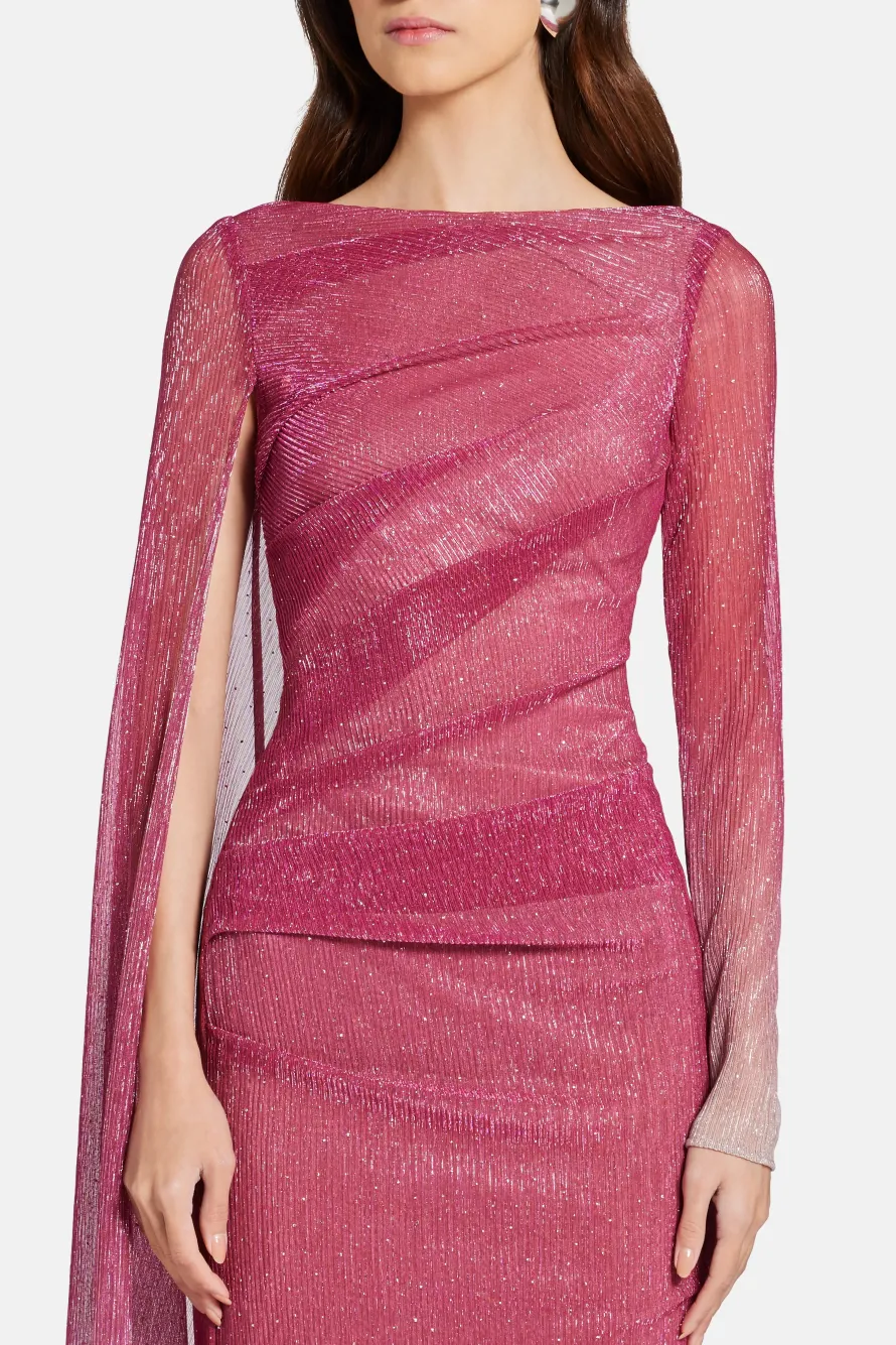 Voile One Shoulder Cape Evening Gown in Pink