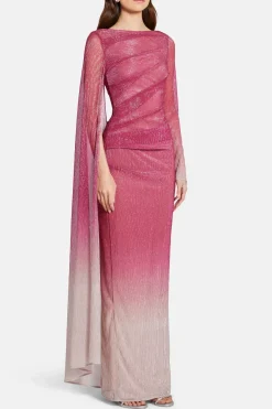 Voile One Shoulder Cape Evening Gown in Pink