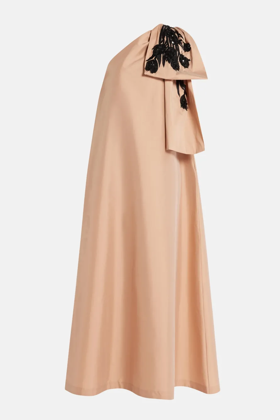 Winnie One Shoulder Embroidered Maxi Dress in Beige