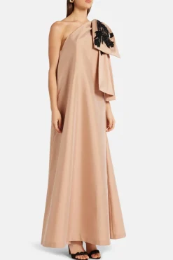 Winnie One Shoulder Embroidered Maxi Dress in Beige