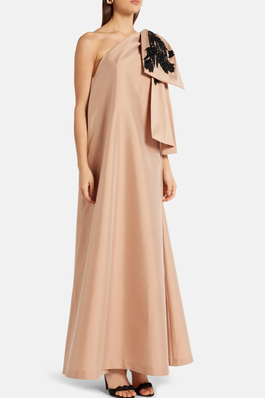 Winnie One Shoulder Embroidered Maxi Dress in Beige