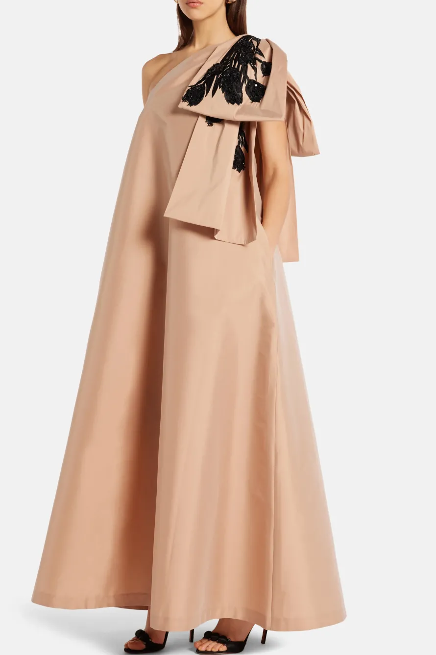 Winnie One Shoulder Embroidered Maxi Dress in Beige