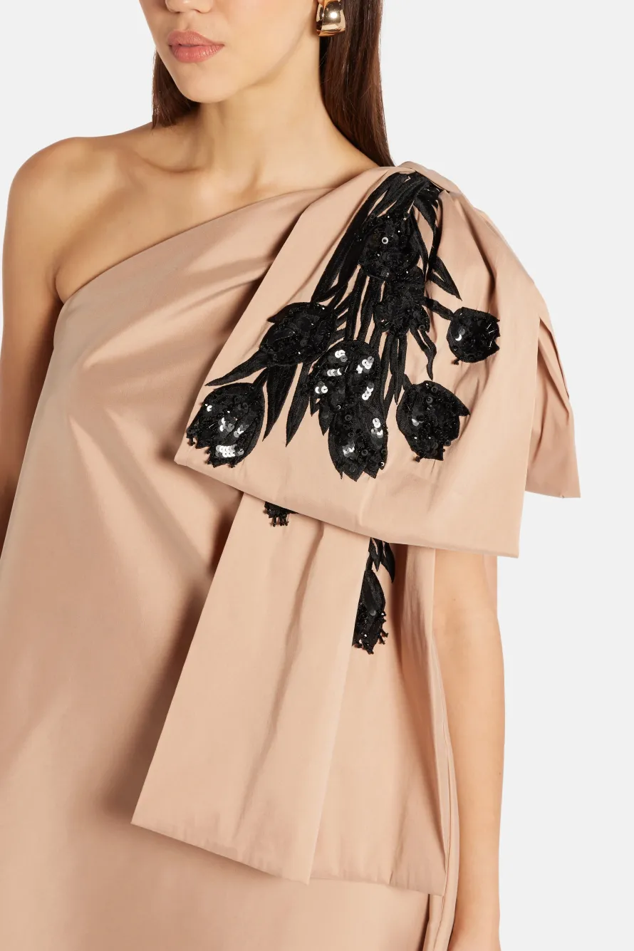 Winnie One Shoulder Embroidered Maxi Dress in Beige